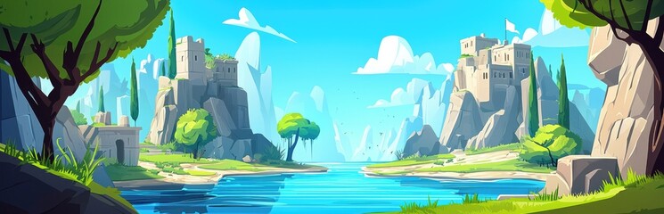 Naklejka premium Ancient Stone Castles on Rocky Cliffs Overlooking a Blue Lake