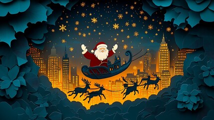 Paper-cut Santa Claus flying high above a glowing city on Christmas Eve, reindeer pulling his sleigh through the night sky, twinkling stars and snowflakes around,