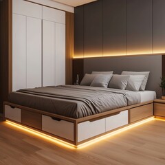 Cozy modern bedroom with a stylish bed, mood lighting, and sleek furniture for a relaxing atmosphere.