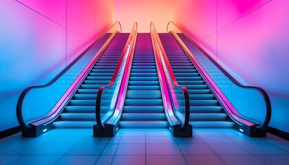 A vibrant escalator scene illuminated with colorful lighting, creating a modern and energetic atmosphere.