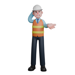 3D Design Character. An Architect stands with his right hand behind his head while his left hand is extended forward with the palm facing up. Male Architect Illustration