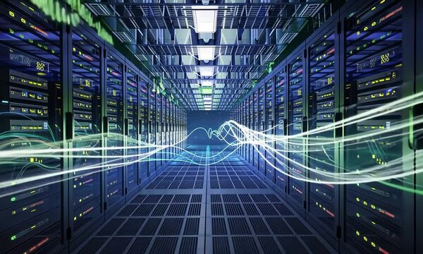 In the state-of-the-art server room of a data center, digital data flows through fiber optic cables and high-speed servers housed behind transparent glass panels. The servers emit a soft blue glow.