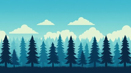 Fototapeta premium Explore a vibrant vector landscape with a stunning forest backdrop and soft, fluffy cloudsperfect for all your design needs