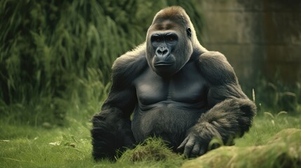 Naklejka premium A Powerful Gorilla in Lush Green Foliage
