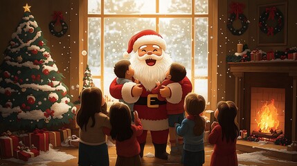 Paper-cut Santa Claus joyfully surrounded by children hugging him, a decorated Christmas tree in the corner, snow gently falling outside the window, warm fire glowing in the fireplace,