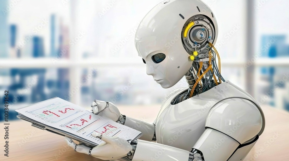 Poster futuristic robot analyzing data on digital screen