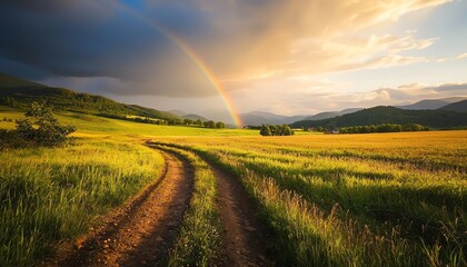Fototapeta premium A serene landscape featuring a winding dirt road, fields of vibrant greenery, and a rainbow arching across a cloudy sky.