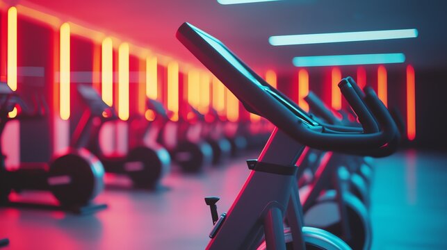 Modern gym interior with fitness bikes and neon lighting, perfect for workout inspiration.