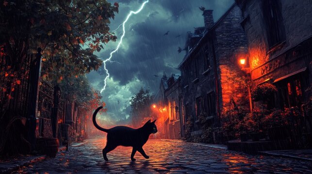 A black cat crossing a cobblestone street, with a storm brewing overhead and lightning flashing