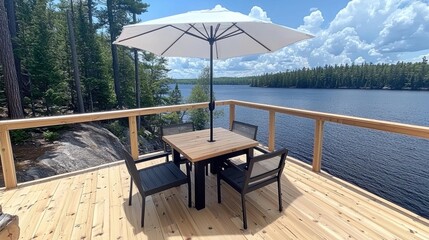 Fototapeta premium Serene Lakeside Deck with Umbrella and Chairs