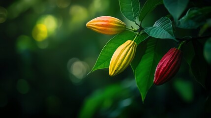 Vibrant cocoa pods hanging from green leaves, showcasing rich colors in a lush environment.