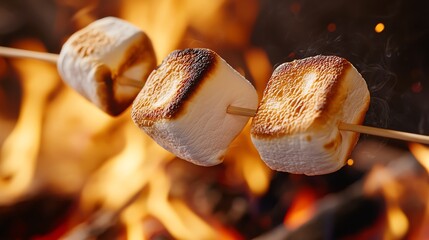 Toasted marshmallows on skewers over a warm campfire, creating a cozy and delicious outdoor treat.