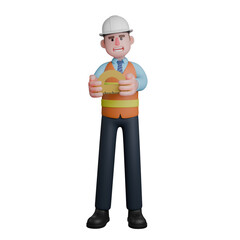 3D Model of Male Architect. An Architect stands with both hands holding a protractor in front of his chest. Professional Designer