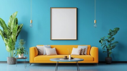 Interior desgin of modern living room interior with mock up poster frame, colorful decorations and accessories, plants, sofa, coffee table. Blue wall. Home decor. Template