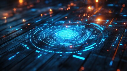 cybersecurity holograms on wooden background. blue graphic