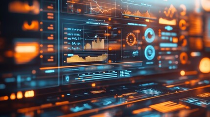 Naklejka premium Digital Project Management Dashboard in Virtual Environment with Analytics and Icons under Soft Lighting