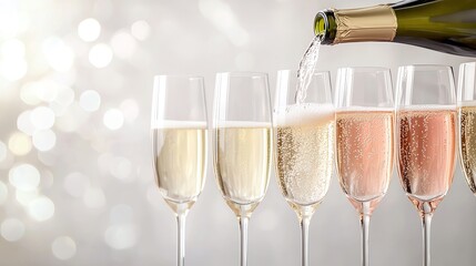 Bottles of champagne pouring into elegant flutes, celebrating special moments with sparkling bubbles.