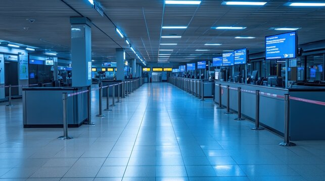 A spacious airport terminal with empty check-in counters and digital flight displays.