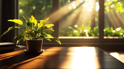 Sunlight streams through a window, illuminating a potted plant on a wooden table.