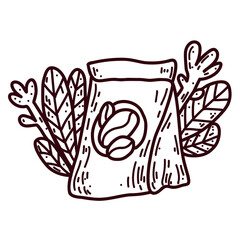 Vector icon with coffee drip packet featuring coffee beans in outline style on white background. Decorated with flowers, leaves perfect for coffee shop and cafe menu.