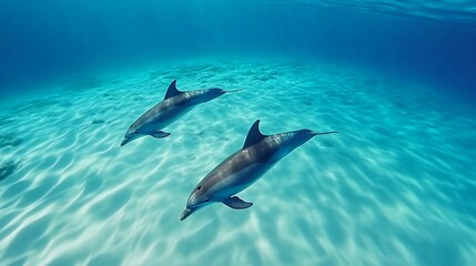 Fototapeta premium Two dolphins swim in clear blue water with a sandy bottom.