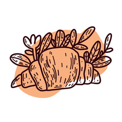 Vector icon with croissant in outline style on white background. Decorated with flowers, leaves perfect for dessert menu in coffee shop and ca