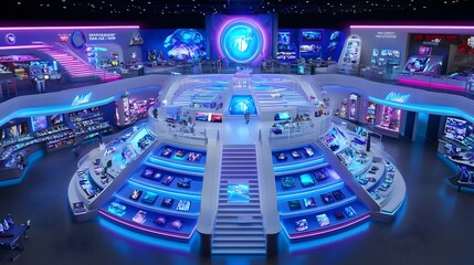 Futuristic Exhibition Space with Neon Lights and Display Cases