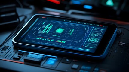 Fototapeta premium Futuristic Interface Tablet with Glowing Blue Lines and Grids