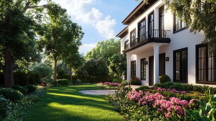 Obraz premium Beautiful white mansion with lush green lawn and blooming flowers