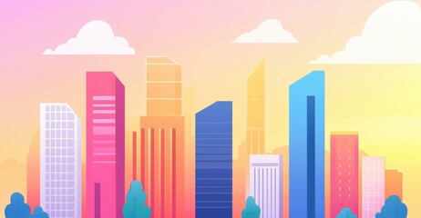 A lively city skyline bursts with color at dawn, blending modern shapes and fun textures in a captivating cartoon vibe.