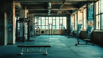 A spacious gym interior with exercise equipment and large windows.