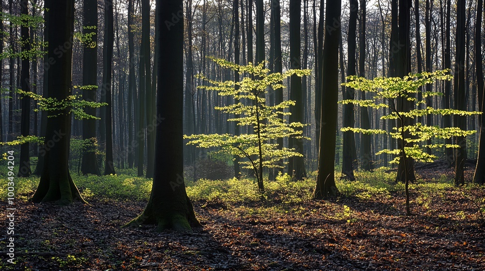 Aufkleber sunlight streams through tall trees in a forest, illuminating a small sapling and the forest floor.