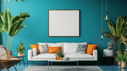 Interior desgin of modern living room interior with mock up poster frame, colorful decorations and accessories, plants, sofa, coffee table. Blue wall. Home decor. Template
