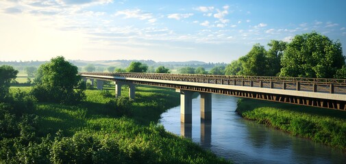 Fototapeta premium A scenic bridge spanning a tranquil river, surrounded by lush greenery and a bright blue sky.