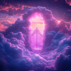 Heavenly Gate Amongst Dreamy Pink and Purple Clouds, Symbolizing a Portal to the Afterlife with Ethereal Lighting and Starry Sky.
