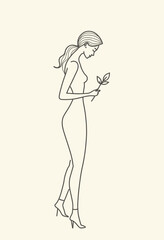 Obraz premium Single Line Drawing: Peaceful Woman Silhouette, Holding a Branch, Representing Balance and Harmony. Perfect for Zen Decor.