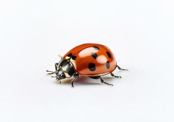 An isolated ladybug with black spots and a shiny red shell is standing on a white background.