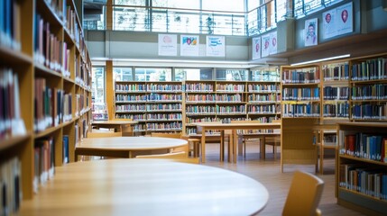 Obraz premium A spacious library interior with bookshelves and study tables.