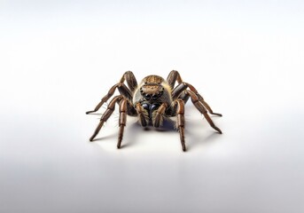An isolated brown spider with eight legs and large eyes sits on a plain white background.