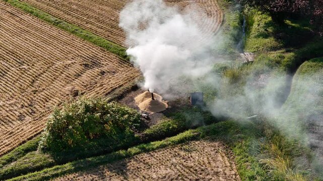 もみ殻の焼却　煙　秋　田園風景　稲作　農業