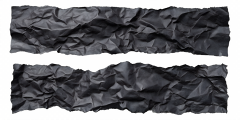 Collection set of black crushed wrinkle scrunch paper isolated on a transparent background