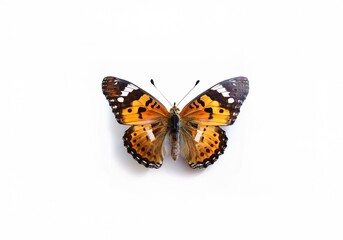 A single, isolated orange and black butterfly with white spots on its wings rests against a white background.