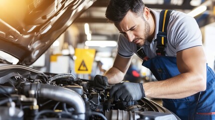 Obraz premium Mechanic inspecting engine with tools scattered around, symbolizing vehicle malfunction and repair process.