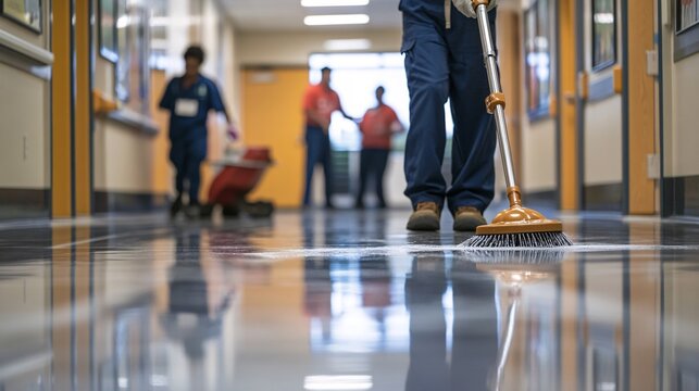 Janitor cleaning a shiny hallway floor with a broom, showcasing teamwork and maintenance in a school environment.