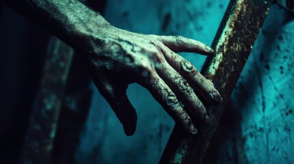 A close-up of a person hand shaking nervously as they avoid walking under a ladder on Friday