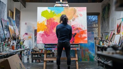 Obraz premium Artist Contemplating Abstract Painting