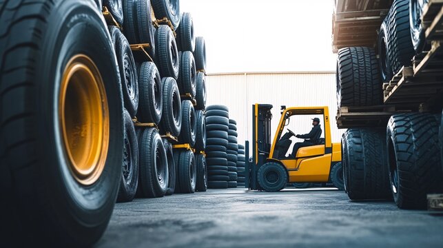 A yellow forklift maneuvering through a tire warehouse, showcasing organized stacks of tires and efficient logistics.