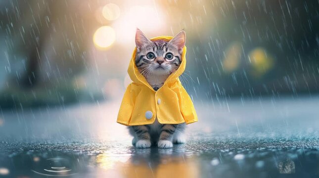 cute cat wearing a yellow raincoat when it rains. Virtual 4K video animation background with looping time lapse with very smooth graphics.