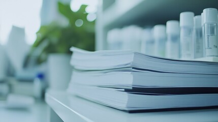 A stack of documents in a laboratory setting with background storage containers.
