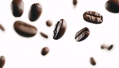A stunning capture of coffee beans elegantly floating against a white background, emphasizing their rich texture and color.